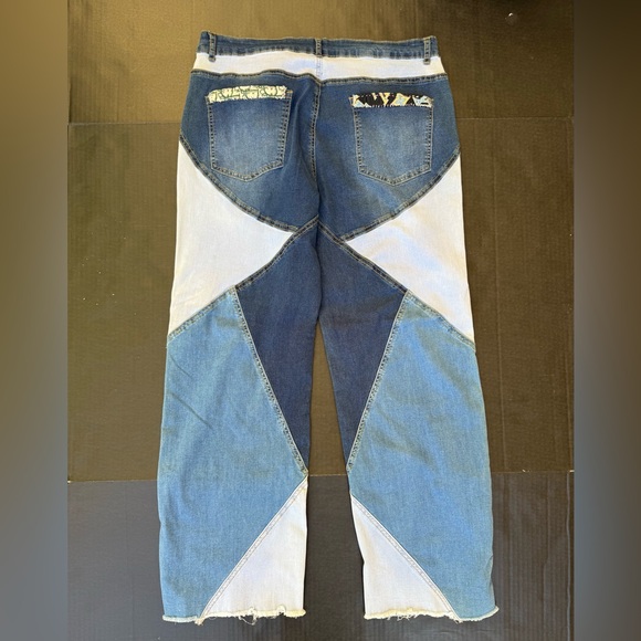 Designer Inspired Hand Stitched Upcycled Denim Straight Leg Jeans sz 2XL - Picture 2 of 8